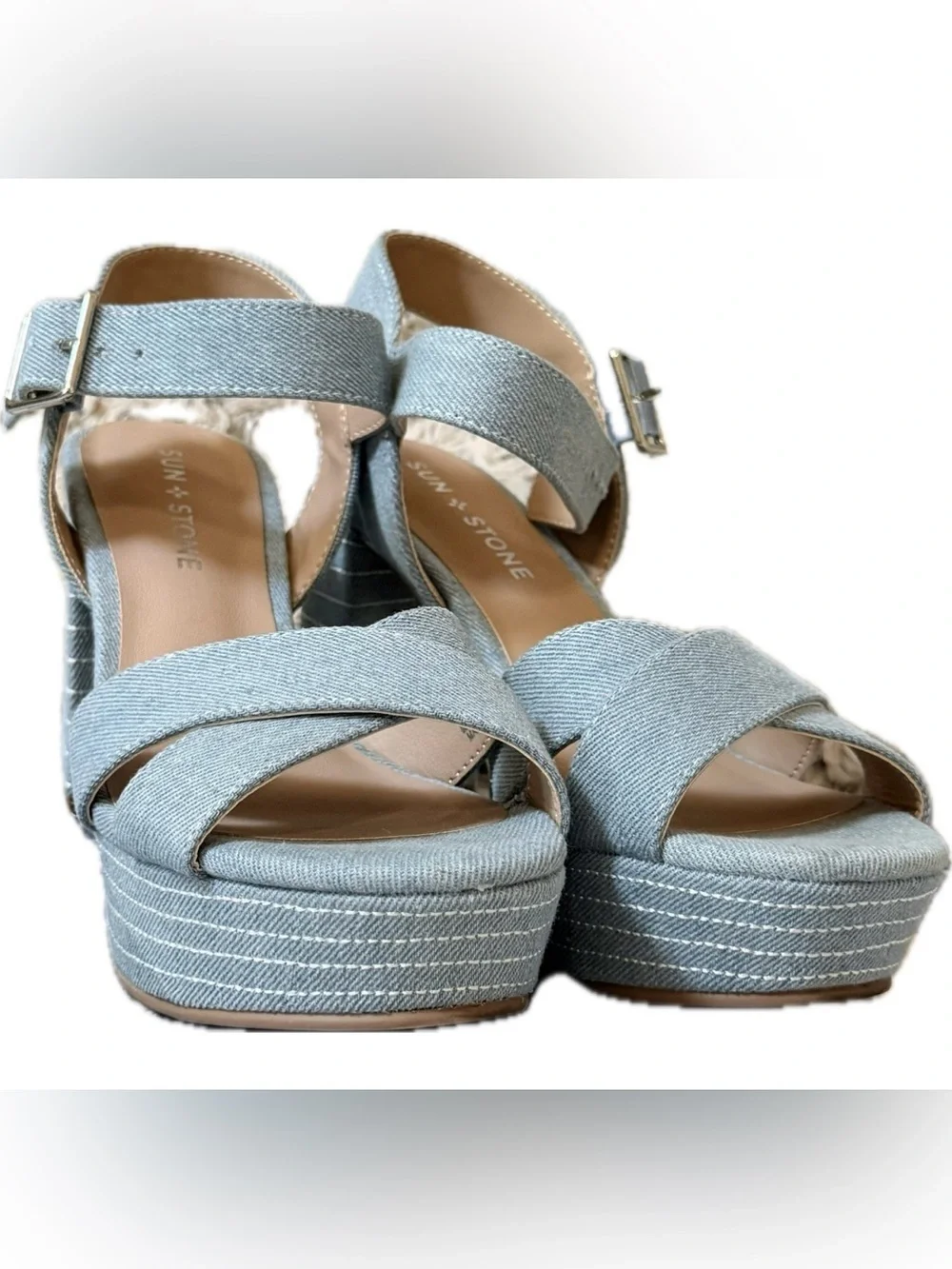☀️Sun + Stone Denim Platform Block Heel Sandals Size 6.5 ☀️